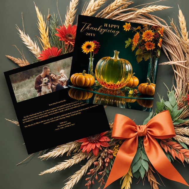 Exquisite Thanksgiving Amber Glass Pumpkin Autumn Holiday Card (Exquisite Thanksgiving Amber Glass Pumpkin and Autumn Leaves & Flowers Holidays Cards.)
