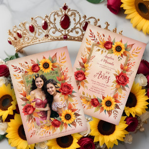 Exquisite Twins Botanical Frame Spanish Photo XVs Invitation