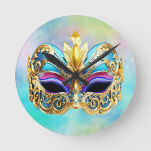 Exquisite Venectian Mask on a Colored Background Round Clock