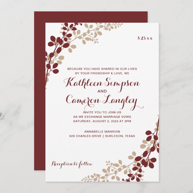 Exquisite Vines Invitation- Burgundy & Tan Invitation (Front/Back)