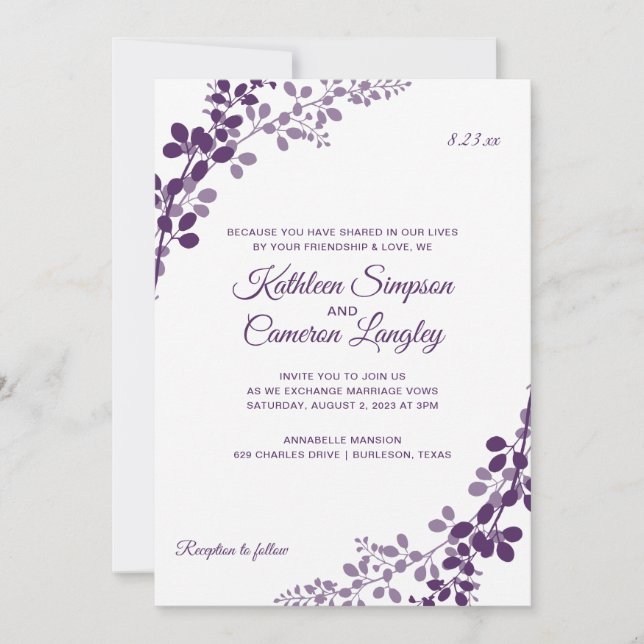 Exquisite Vines Wedding Invitation- Plum / Purple Invitation (Front)