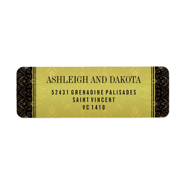 Exquisite Wedding | Golden Overlay on Damask Return Address Label (Front)