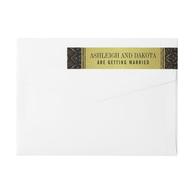 Exquisite Wedding | Golden Overlay on Damask Wrap Around Label (Back)