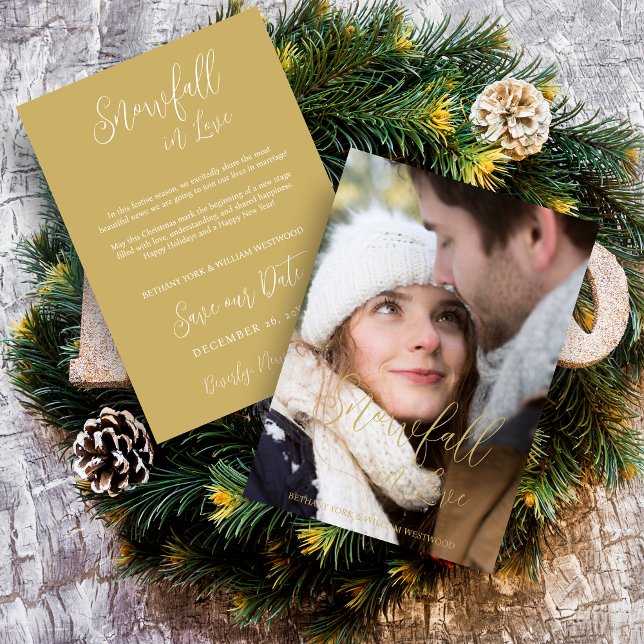 Exquisite Winter Wedding Christmas Photo Save The Date (Exquisite Winter Wedding Christmas Photo in Fake Gold Holiday Card as a Save the Date Card.)