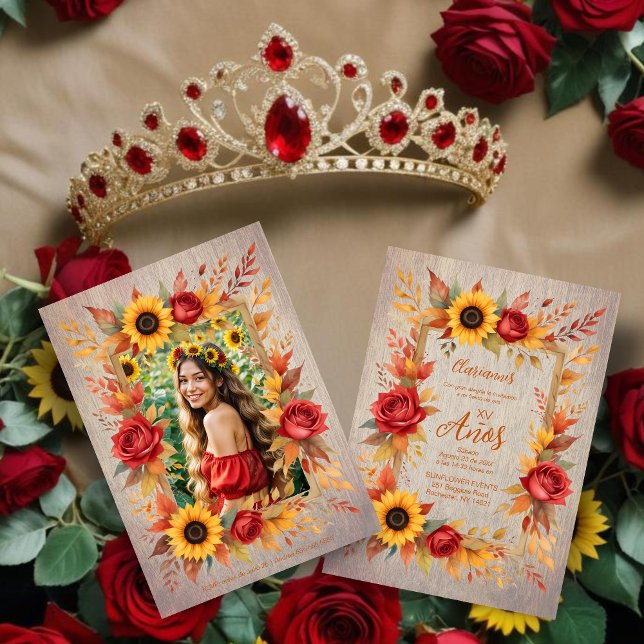 Exquisite Wood Botanical Frame Spanish Photo XVs Invitation (Exquisite Summer Rustic Wood Botanical Frame Spanish Photo Quineañera Invitations Cards.)