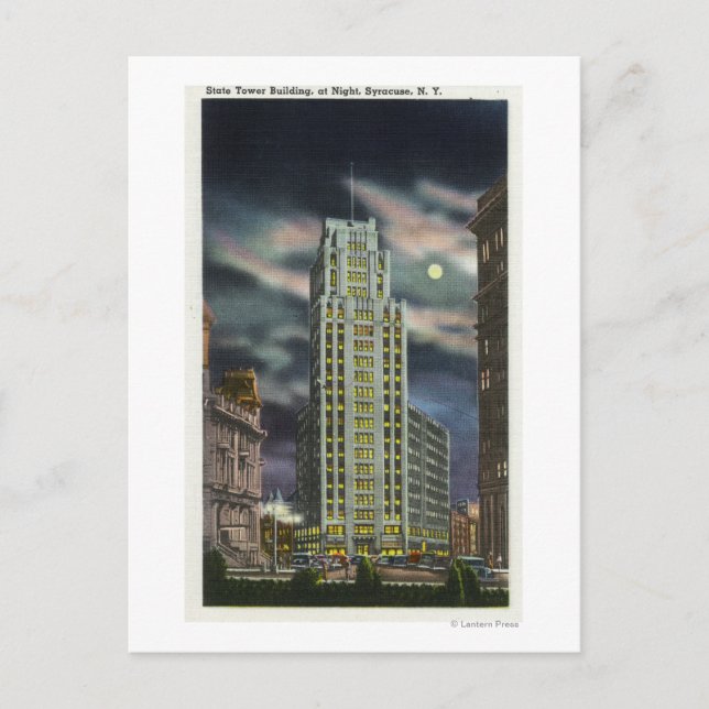 Exterior View of State Tower Building at Night Postcard (Front)