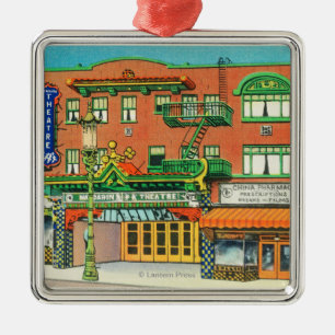 Exterior View of the Mandarin Theatre, Metal Tree Decoration