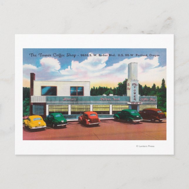 Exterior View of The Tower Coffee Shop Postcard (Front)