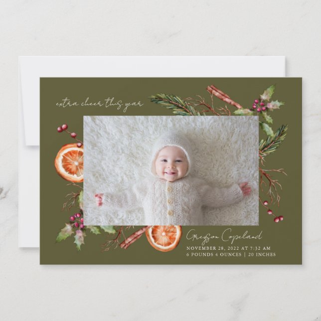 Extra Cheer Green Holiday Baby Photo Birth  Announcement (Front)