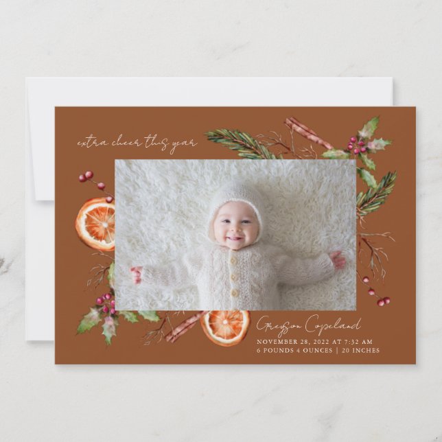 Extra Cheer Terracotta Holiday Baby Photo Birth  Announcement (Front)