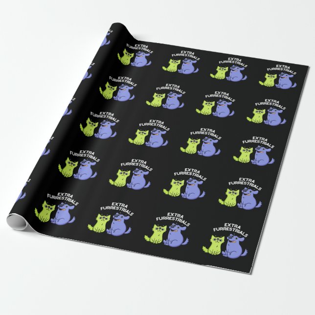 Extra Furrestrials Funny Alien Furry Pun Dark BG Wrapping Paper (Unrolled)