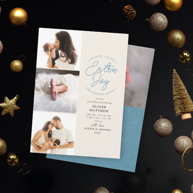 Extra Joy Photo Blue Holiday Birth Announcement (Creator Uploaded)
