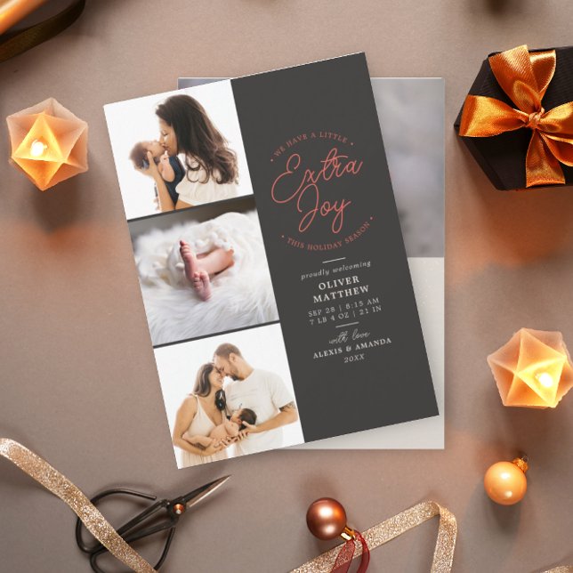 Extra Joy Photo Grey Holiday Birth Announcement (Creator Uploaded)