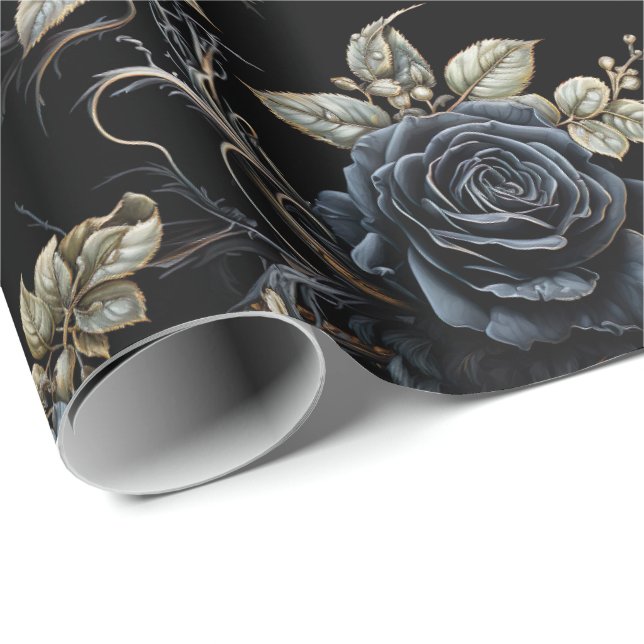 Extra Large Romantic Blue and Black Rose Gothic  Wrapping Paper (Roll Corner)
