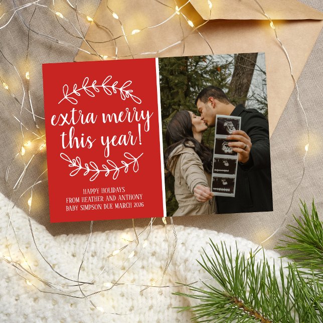 Extra Merry Holidays Christmas Pregnancy Photo Holiday Card (Creator Uploaded)