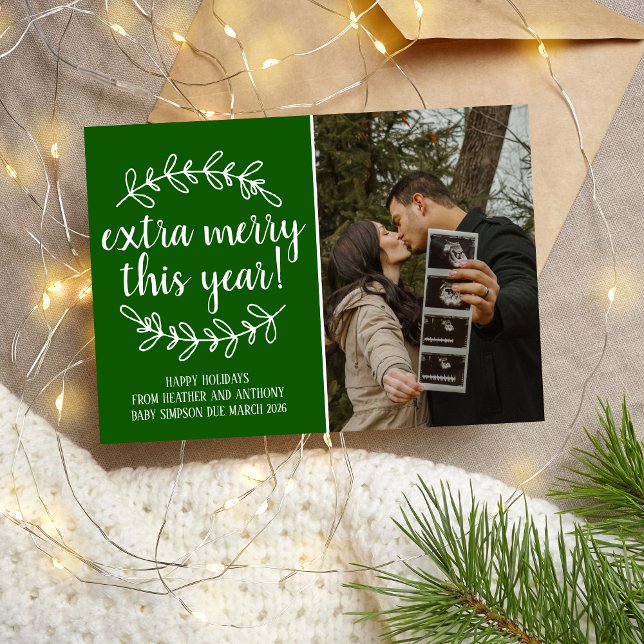 Extra Merry Holidays Christmas Pregnancy Photo Holiday Card (Creator Uploaded)