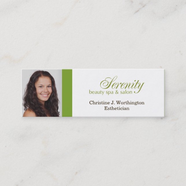Extra small green custom headshot company logo mini business card (Front)