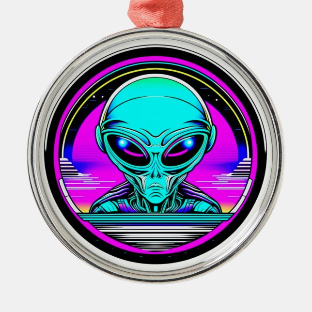 Extra Terrestrial Alien Flying a UFO Metal Ornament (Front)