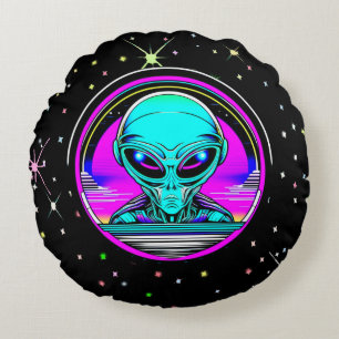 Extra Terrestrial Alien Flying a UFO Round Cushion