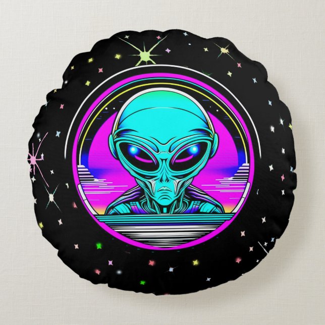 Extra Terrestrial Alien Flying a UFO Round Cushion (Front)