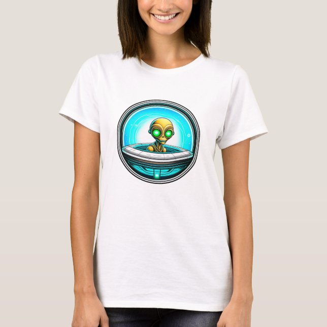 Extra Terrestrial Alien Flying a UFO T-Shirt (Front)