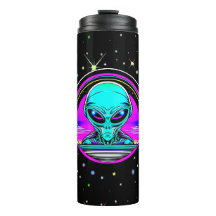 Extra Terrestrial Alien Flying a UFO Thermal Tumbler