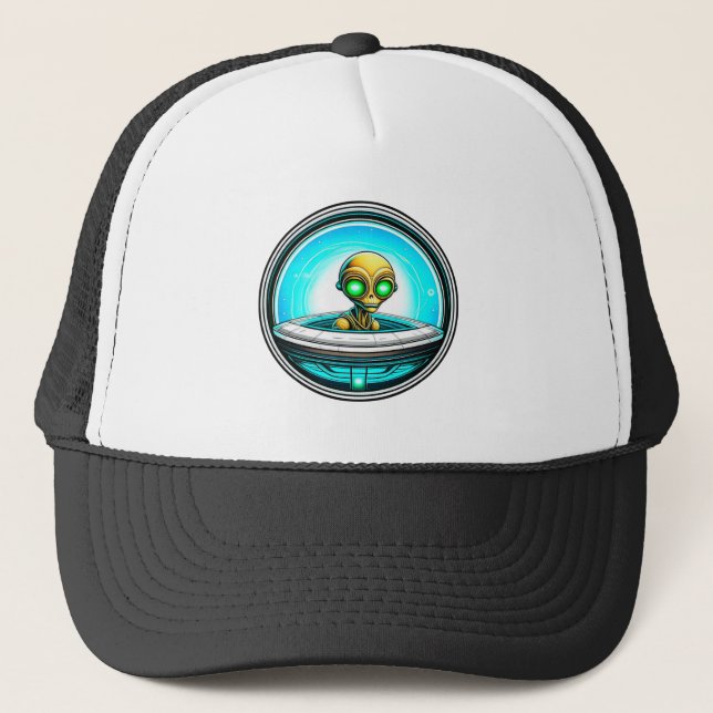 Extra Terrestrial Alien Flying a UFO Trucker Hat (Front)