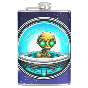 Extra Terrestrial Flying in a UFO   Hip Flask