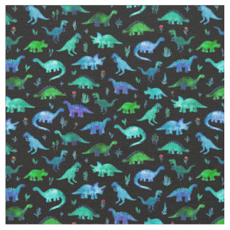 Extra Tiny Dinos in Blue and Green on Black Fabric