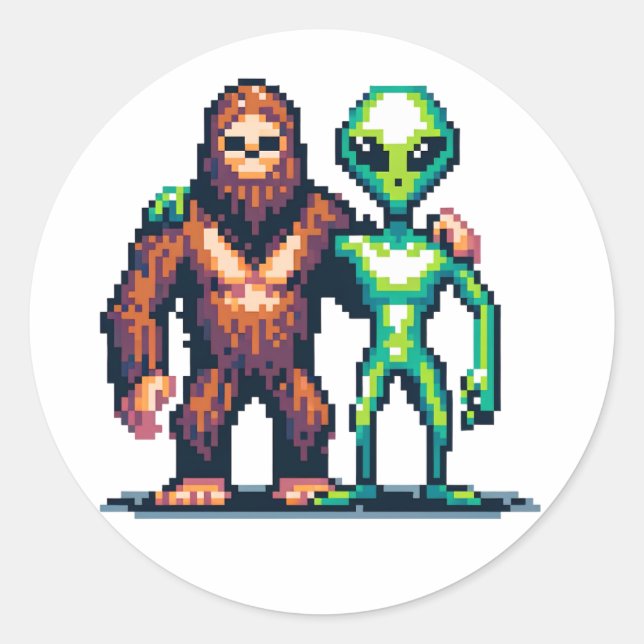 Extraterrestrial Alien Being and Bigfoot Pixel Art Classic Round Sticker (Front)