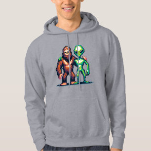 Extraterrestrial Alien Being and Bigfoot Pixel Art Hoodie
