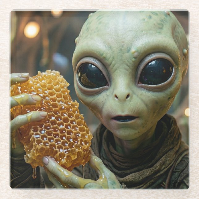 Extraterrestrial Alien Being with Honeycomb Glass Coaster (Front)
