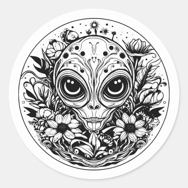 Extraterrestrial Alien in Flowers Black and White Classic Round Sticker (Front)
