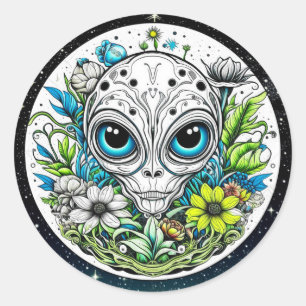 Extraterrestrial Alien in Flowers Starry Night Classic Round Sticker