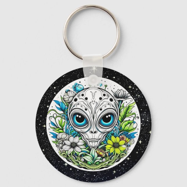 Extraterrestrial Alien in Flowers Starry Night Key Ring (Front)