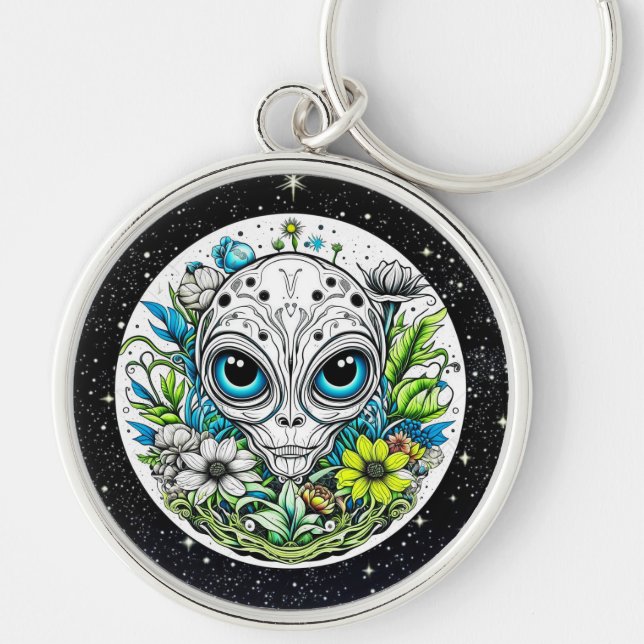 Extraterrestrial Alien in Flowers Starry Night Key Ring (Front)