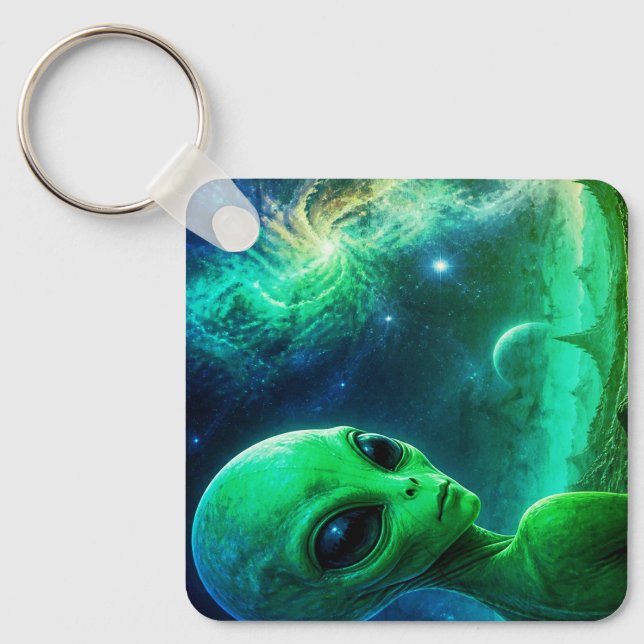Extraterrestrial Alien Looking Over His Shoulder Key Ring (Front)