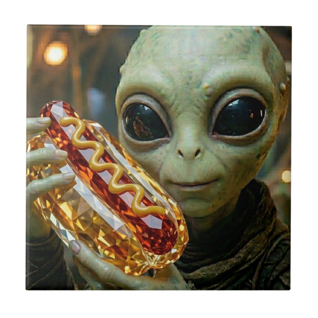 Extraterrestrial Alien with Crystalline Hotdog  Ceramic Tile (Front)