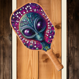 Extraterrestrial Encounter: Alien Head Surrounded Pickleball Paddle