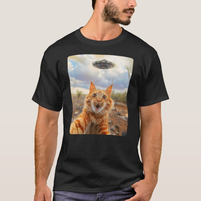 Extraterrestrial Encounter Cat Selfie with UFO (3) T-Shirt (Front)