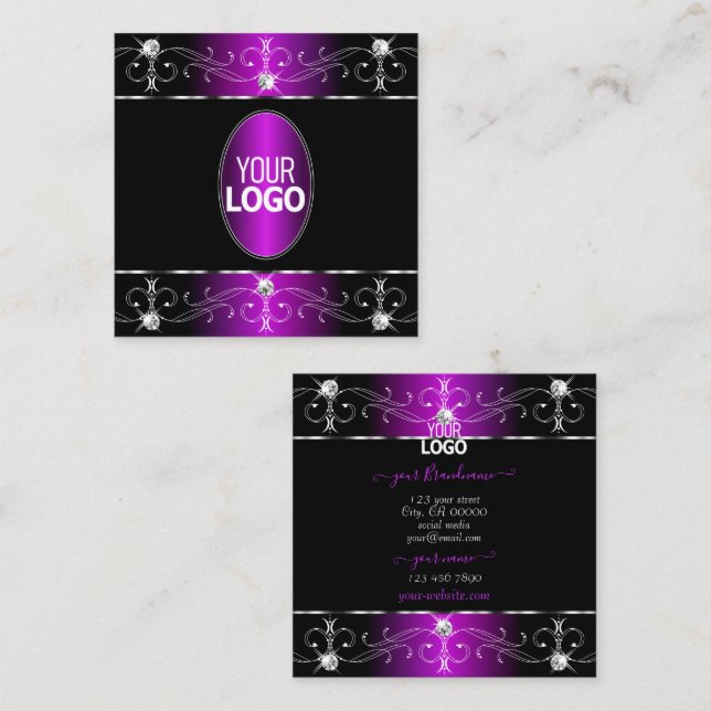 Extravagant Black Purple Ornate Ornaments Add Logo Square Business Card (Front/Back)