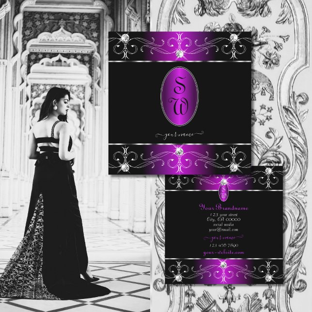 Extravagant Black Purple Ornate Ornaments Monogram Square Business Card (Creator Uploaded)