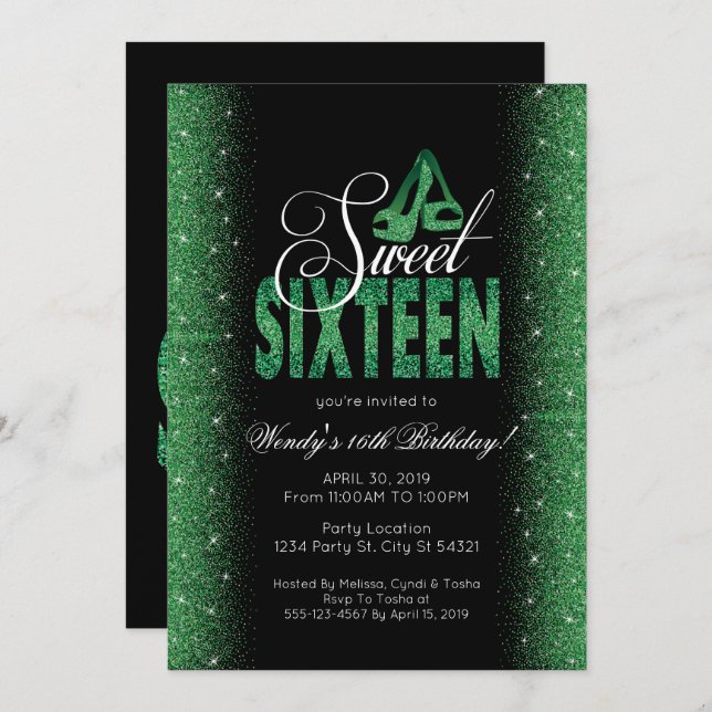 Extravagant Emerald Sweet 16 Party Invitations (Front/Back)