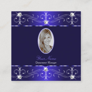 Extravagant Royal Blue Ornate Ornaments with Photo Square Business Card