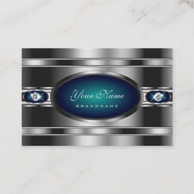 Extravagant Silver and Blue with Faux Rhinestones Business Card (Front)