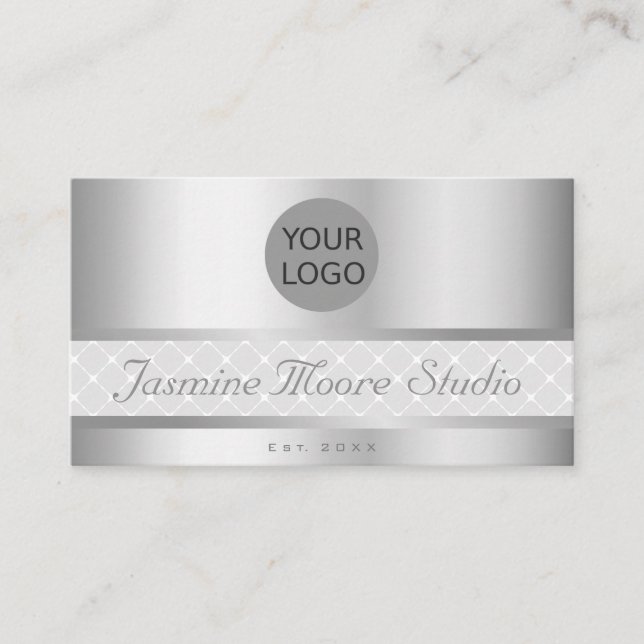 Extravagant Silver Effect Custom Logo - Open Hours Business Card (Front)