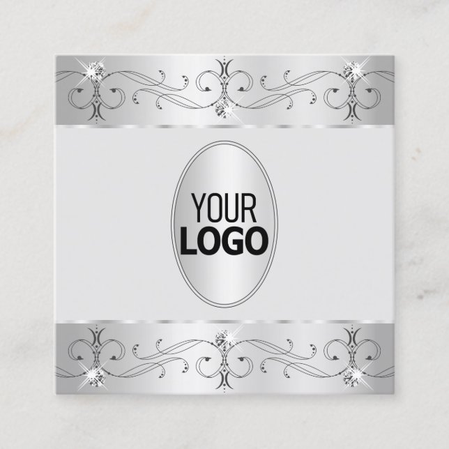 Extravagant Silver Grey Ornate Ornaments with Logo Square Business Card (Front)
