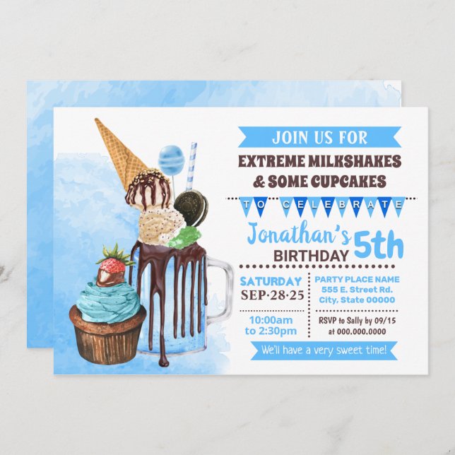 Extreme milkshakes ice cream birthday bash blue invitation (Front/Back)