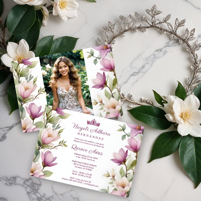 Exuberant Lovely Spring Magnolia Frame Garlands  Invitation (Exuberant Lovely Spring Magnolia Frame Garlands Spanish Photo Mis XV Invitations Cards in Pink.)