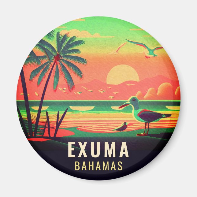 Exuma Bahamas Retro Sunset Seagull Souvenir 1950s Magnet (Front)